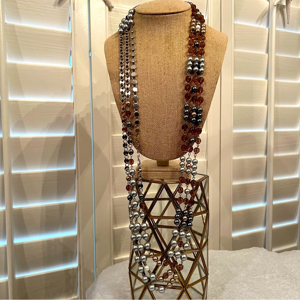 Chicos 18” Necklace w 3 shades of gray.taupe.ivory pearls & amber crystals